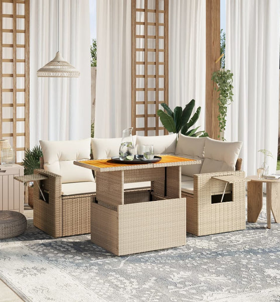 5-tlg. Garten-Sofagarnitur mit Kissen Beige Poly Rattan
