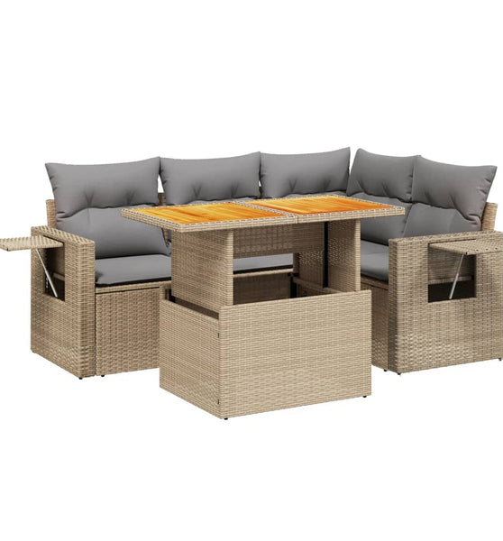 5-tlg. Garten-Sofagarnitur mit Kissen Beige Poly Rattan