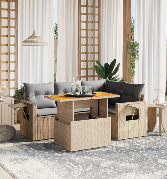 5-tlg. Garten-Sofagarnitur mit Kissen Beige Poly Rattan