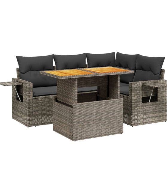5-tlg. Garten-Sofagarnitur mit Kissen Grau Poly Rattan