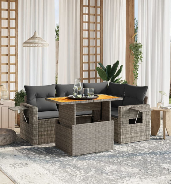 5-tlg. Garten-Sofagarnitur mit Kissen Grau Poly Rattan
