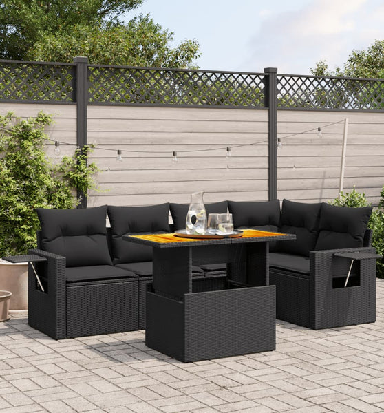 6-tlg. Garten-Sofagarnitur mit Kissen Schwarz Poly Rattan