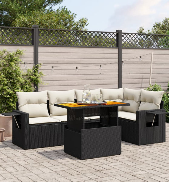 6-tlg. Garten-Sofagarnitur mit Kissen Schwarz Poly Rattan