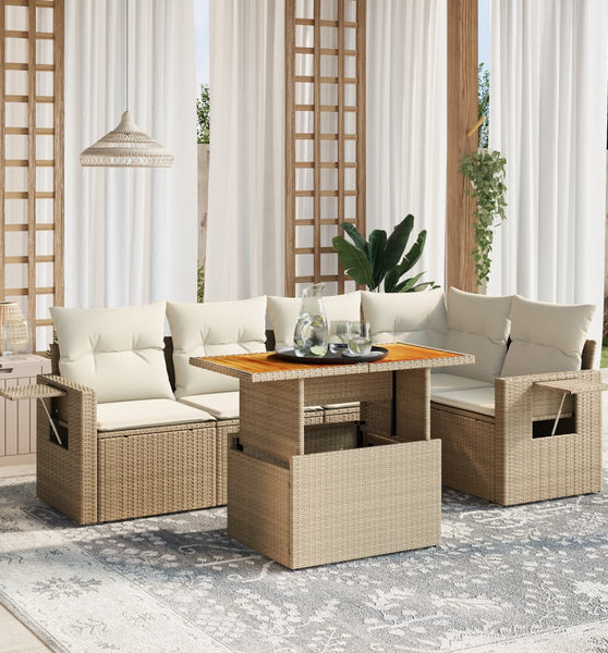 6-tlg. Garten-Sofagarnitur mit Kissen Beige Poly Rattan