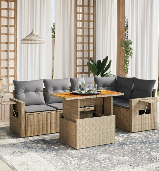 6-tlg. Garten-Sofagarnitur mit Kissen Beige Poly Rattan