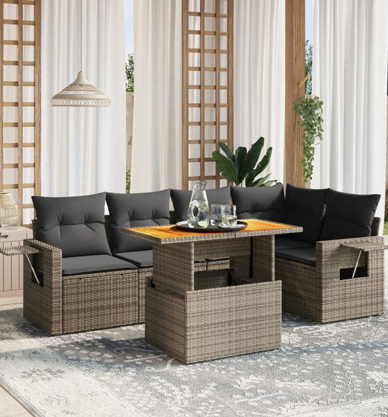 6-tlg. Garten-Sofagarnitur mit Kissen Grau Poly Rattan