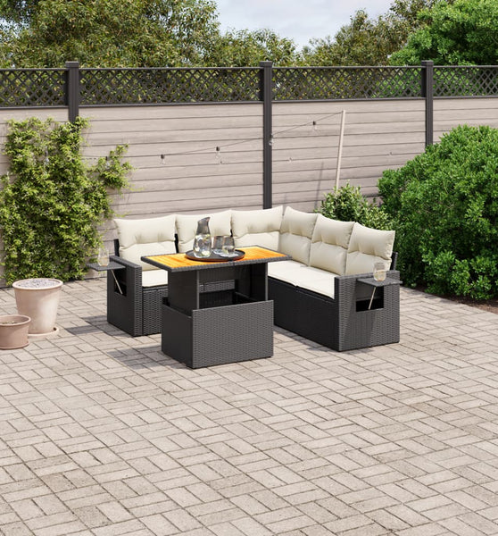 6-tlg. Garten-Sofagarnitur mit Kissen Schwarz Poly Rattan