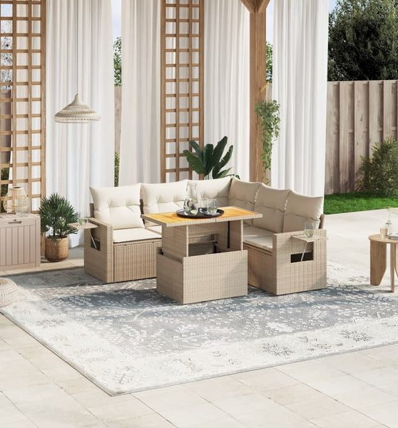 6-tlg. Garten-Sofagarnitur mit Kissen Beige Poly Rattan