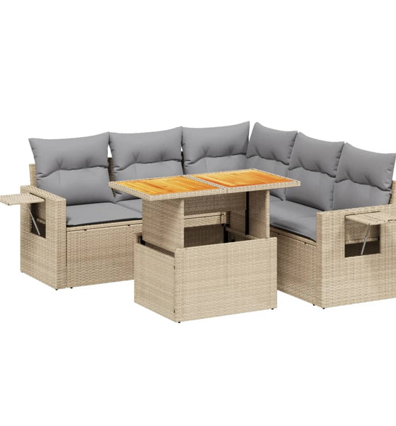 6-tlg. Garten-Sofagarnitur mit Kissen Beige Poly Rattan