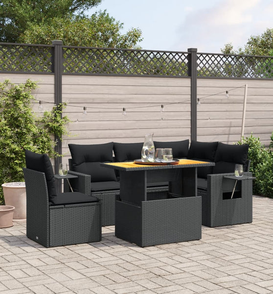 6-tlg. Garten-Sofagarnitur mit Kissen Schwarz Poly Rattan