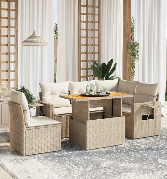 6-tlg. Garten-Sofagarnitur mit Kissen Beige Poly Rattan