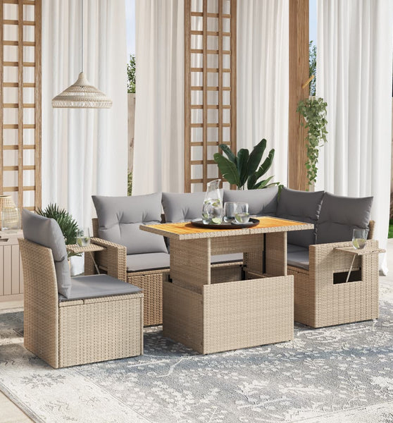6-tlg. Garten-Sofagarnitur mit Kissen Beige Poly Rattan
