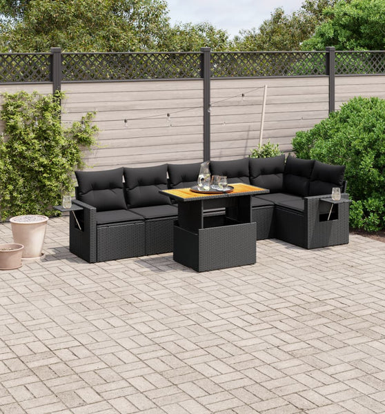 7-tlg. Garten-Sofagarnitur mit Kissen Schwarz Poly Rattan