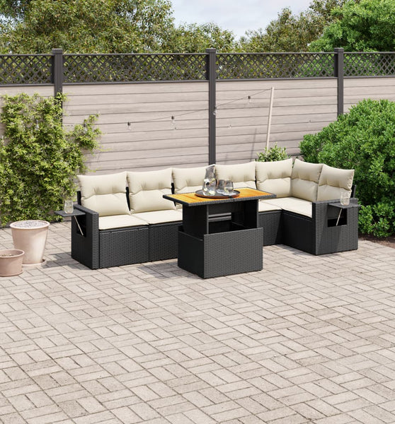 7-tlg. Garten-Sofagarnitur mit Kissen Schwarz Poly Rattan