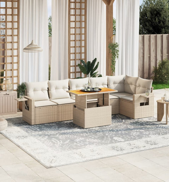 7-tlg. Garten-Sofagarnitur mit Kissen Beige Poly Rattan