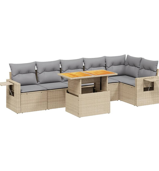 7-tlg. Garten-Sofagarnitur mit Kissen Beige Poly Rattan
