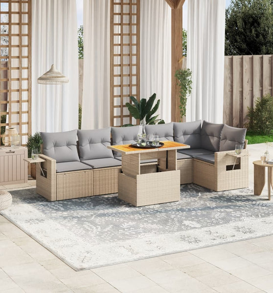 7-tlg. Garten-Sofagarnitur mit Kissen Beige Poly Rattan