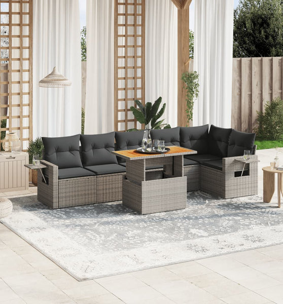 7-tlg. Garten-Sofagarnitur mit Kissen Grau Poly Rattan