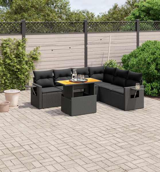 7-tlg. Garten-Sofagarnitur mit Kissen Schwarz Poly Rattan