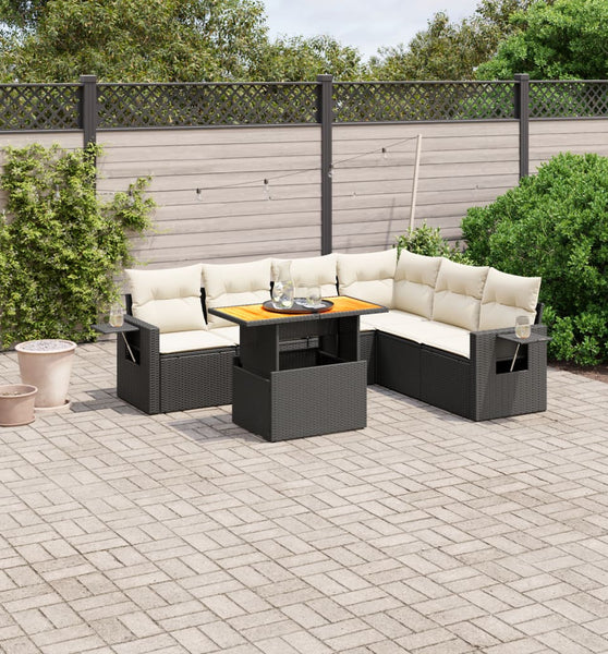 7-tlg. Garten-Sofagarnitur mit Kissen Schwarz Poly Rattan