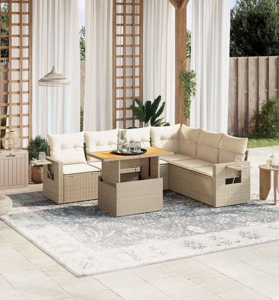 7-tlg. Garten-Sofagarnitur mit Kissen Beige Poly Rattan
