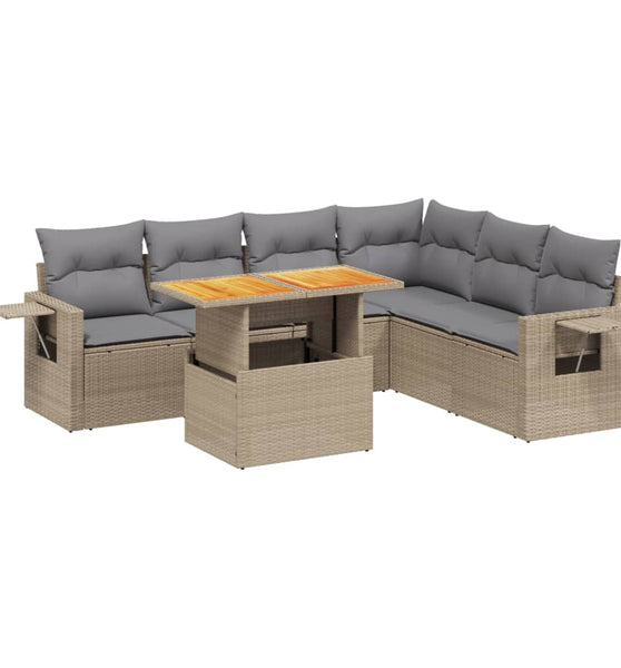 7-tlg. Garten-Sofagarnitur mit Kissen Beige Poly Rattan