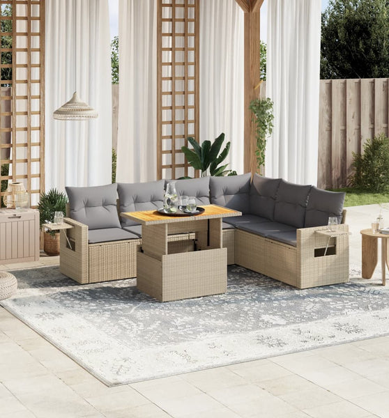 7-tlg. Garten-Sofagarnitur mit Kissen Beige Poly Rattan