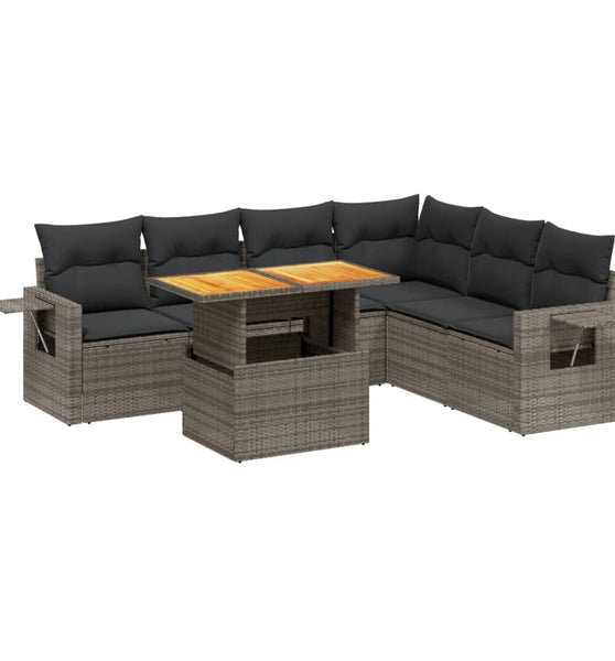 7-tlg. Garten-Sofagarnitur mit Kissen Grau Poly Rattan