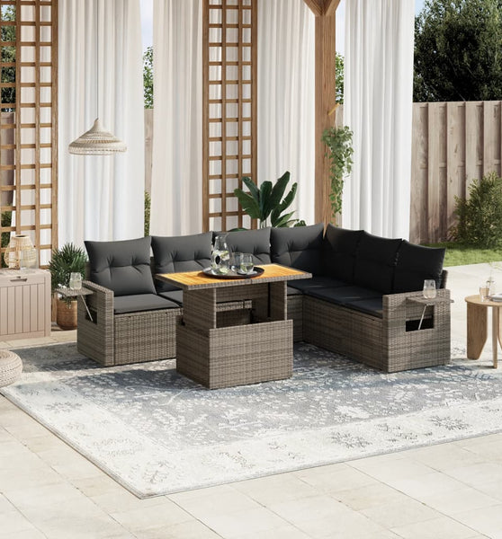 7-tlg. Garten-Sofagarnitur mit Kissen Grau Poly Rattan