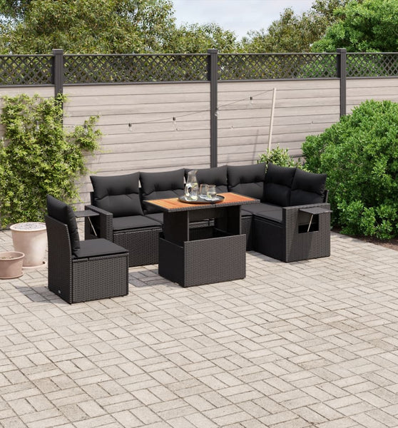 7-tlg. Garten-Sofagarnitur mit Kissen Schwarz Poly Rattan