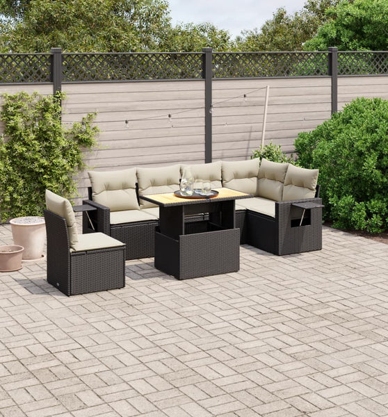 7-tlg. Garten-Sofagarnitur mit Kissen Schwarz Poly Rattan