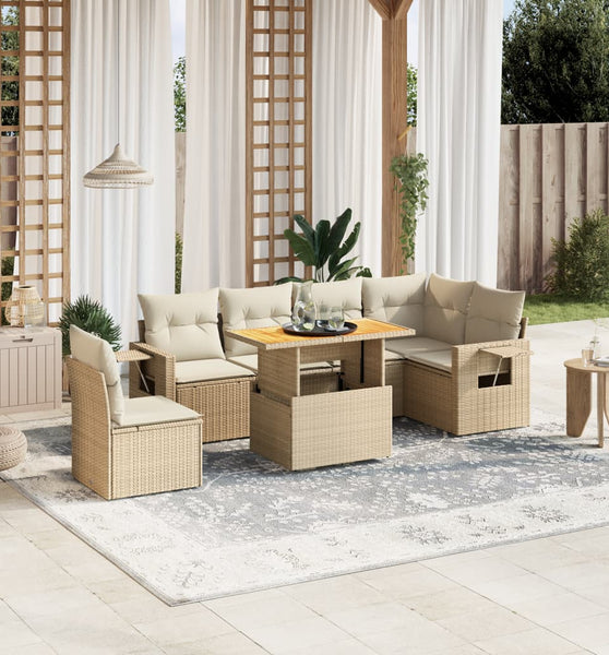 7-tlg. Garten-Sofagarnitur mit Kissen Beige Poly Rattan