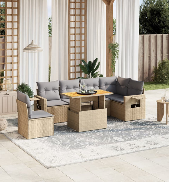 7-tlg. Garten-Sofagarnitur mit Kissen Beige Poly Rattan
