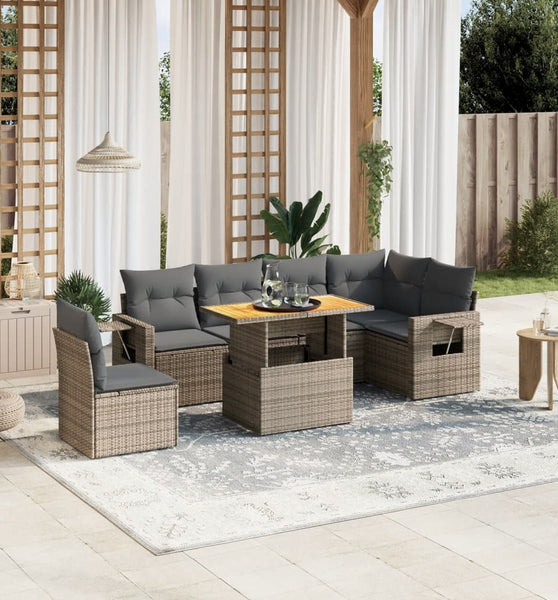 7-tlg. Garten-Sofagarnitur mit Kissen Grau Poly Rattan