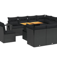 9-tlg. Garten-Sofagarnitur mit Kissen Schwarz Poly Rattan
