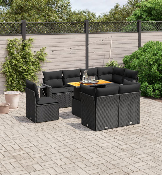 9-tlg. Garten-Sofagarnitur mit Kissen Schwarz Poly Rattan
