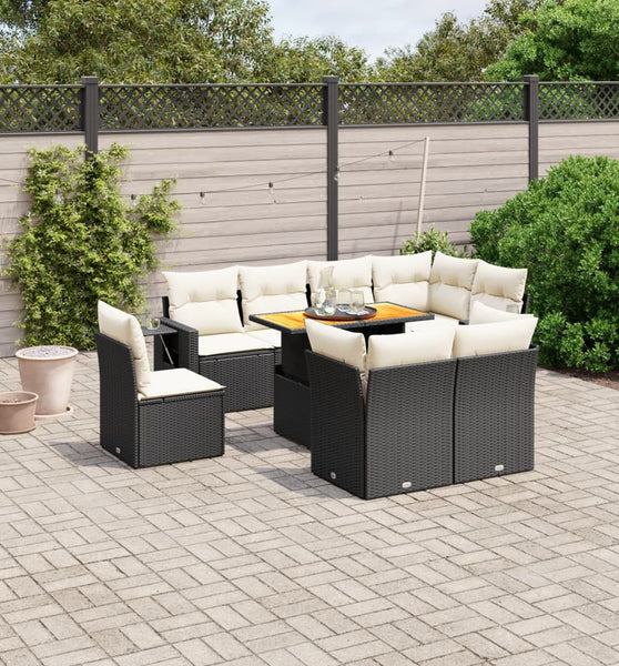 9-tlg. Garten-Sofagarnitur mit Kissen Schwarz Poly Rattan