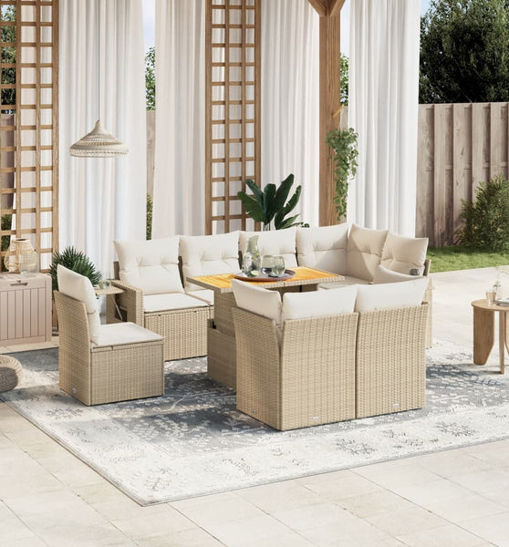 9-tlg. Garten-Sofagarnitur mit Kissen Beige Poly Rattan