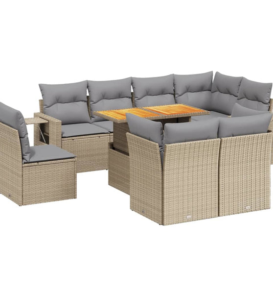 9-tlg. Garten-Sofagarnitur mit Kissen Beige Poly Rattan