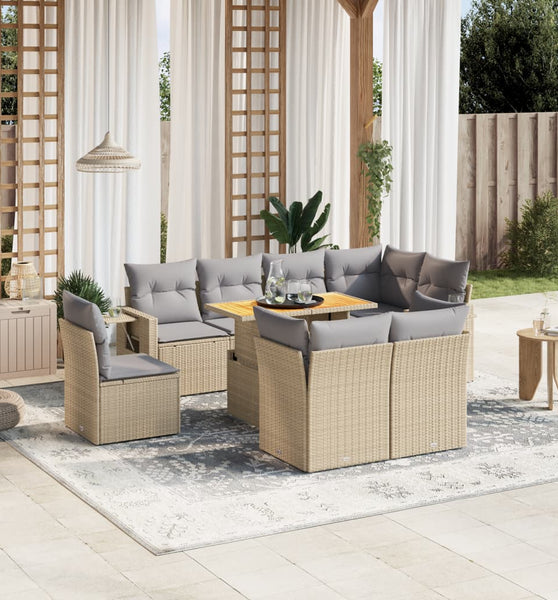 9-tlg. Garten-Sofagarnitur mit Kissen Beige Poly Rattan