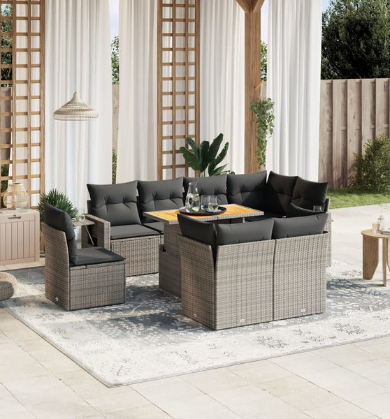 9-tlg. Garten-Sofagarnitur mit Kissen Grau Poly Rattan