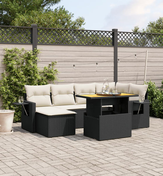 7-tlg. Garten-Sofagarnitur mit Kissen Schwarz Poly Rattan