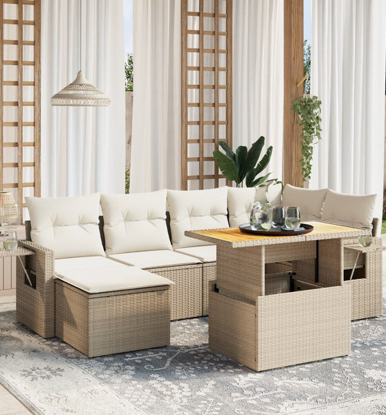 7-tlg. Garten-Sofagarnitur mit Kissen Beige Poly Rattan