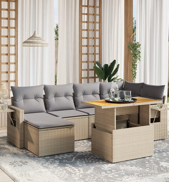 7-tlg. Garten-Sofagarnitur mit Kissen Beige Poly Rattan