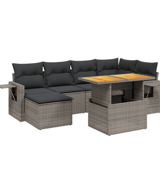 7-tlg. Garten-Sofagarnitur mit Kissen Grau Poly Rattan