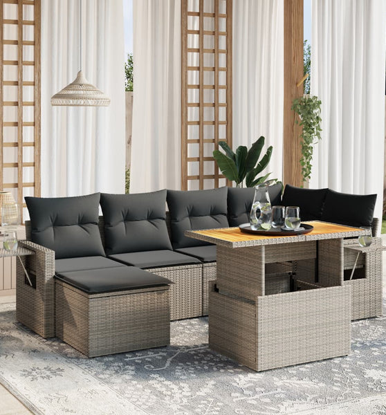 7-tlg. Garten-Sofagarnitur mit Kissen Grau Poly Rattan