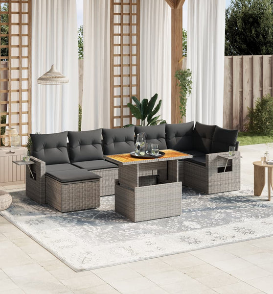 8-tlg. Garten-Sofagarnitur mit Kissen Grau Poly Rattan