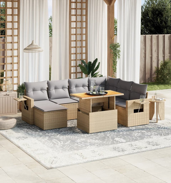 8-tlg. Garten-Sofagarnitur mit Kissen Beige Poly Rattan