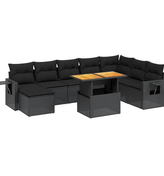 9-tlg. Garten-Sofagarnitur mit Kissen Schwarz Poly Rattan