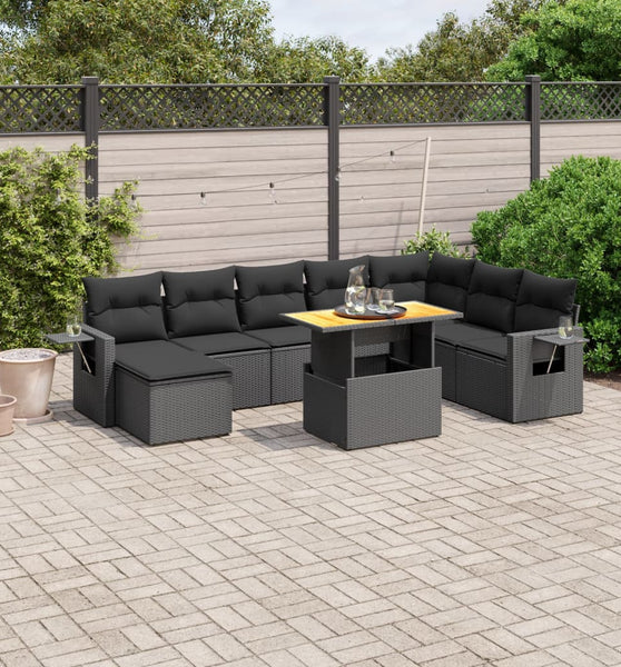 9-tlg. Garten-Sofagarnitur mit Kissen Schwarz Poly Rattan